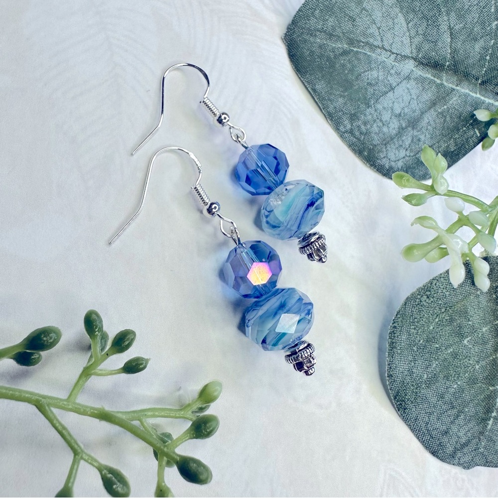 3/$25 Sparkling Blue Czech Art Glass Earrings - Blingy Faceted Glass